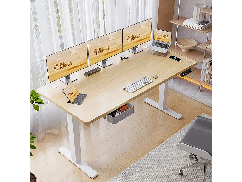 Bureau assis-debout électrique 140x80cm, réglable en hauteur avec tiroirs, port USB-A, gestion des câbles, 9 positions de mémoire, cadre sur pied, moderne.