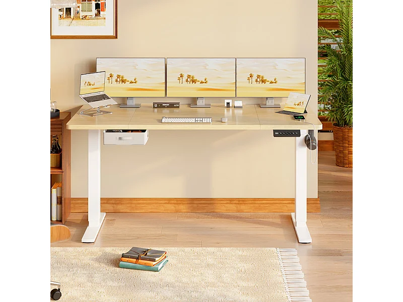 Bureau assis-debout électrique 140x80cm, réglable en hauteur avec tiroirs, port USB-A, gestion des câbles, 9 positions de mémoire, cadre sur pied, moderne.