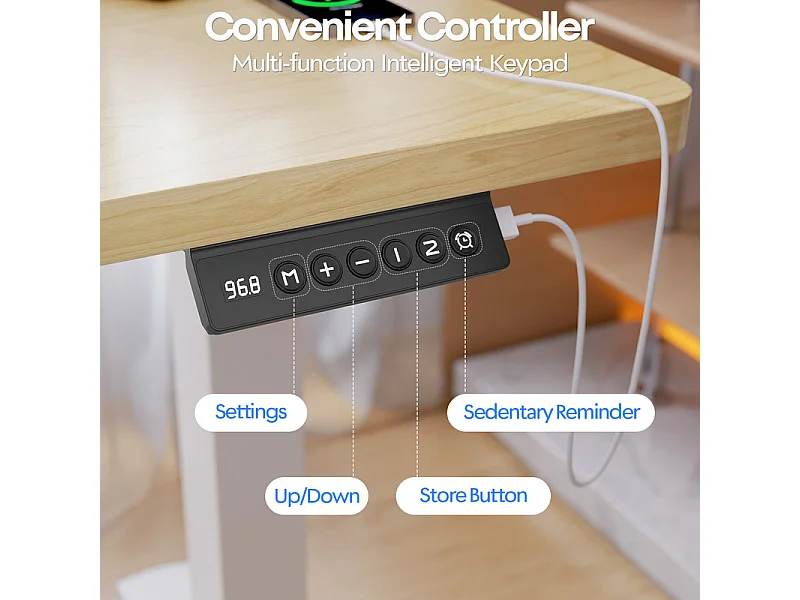 Bureau assis-debout électrique 140x80cm, réglable en hauteur avec tiroirs, port USB-A, gestion des câbles, 9 positions de mémoire, cadre sur pied, moderne.