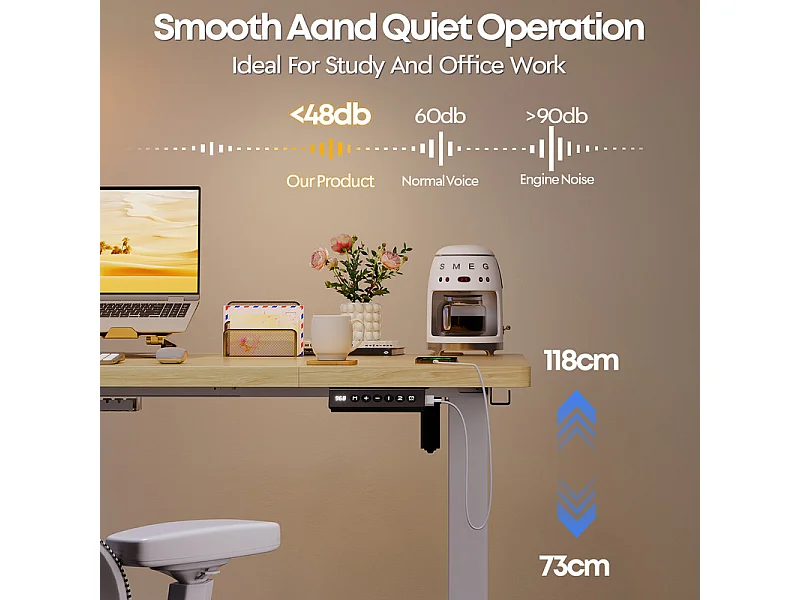 Bureau assis-debout électrique 140x80cm, réglable en hauteur avec tiroirs, port USB-A, gestion des câbles, 9 positions de mémoire, cadre sur pied, moderne.