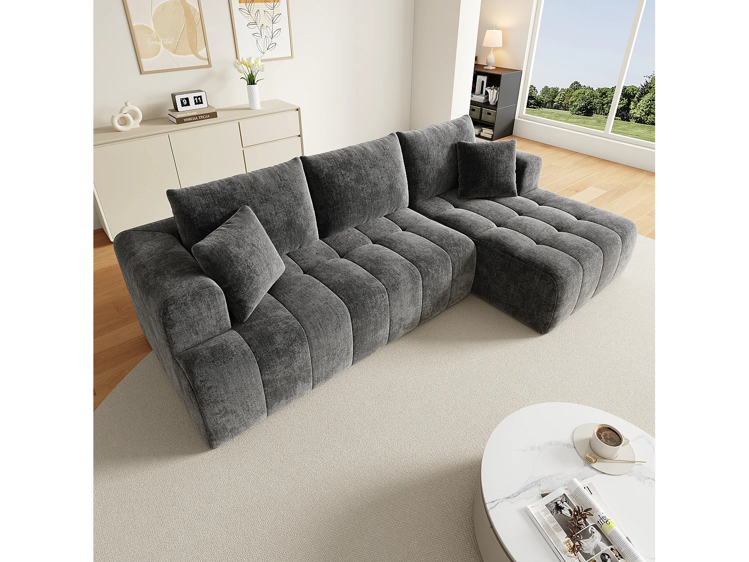 Canapé 3 Places d'angle droite modulable, en chenille gris, avec 3 coussins et 2 oreillers, méridienne, 244.5x136x79cm