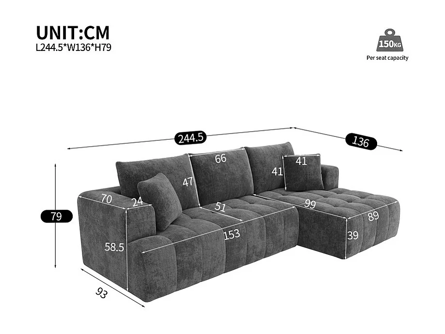 Canapé 3 Places d'angle droite modulable, en chenille gris, avec 3 coussins et 2 oreillers, méridienne, 244.5x136x79cm