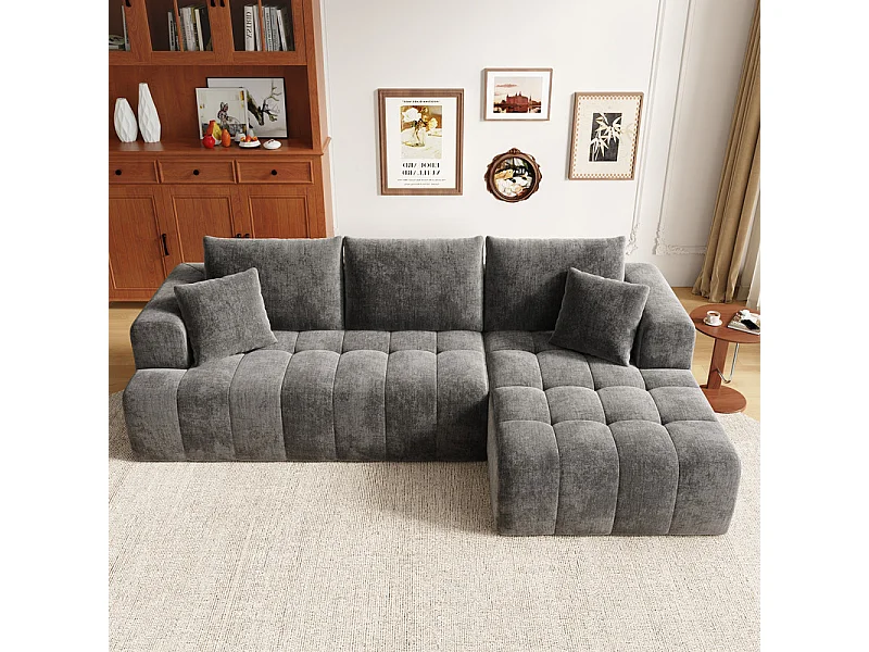 Canapé 3 Places d'angle droite modulable, en chenille gris, avec 3 coussins et 2 oreillers, méridienne, 244.5x136x79cm