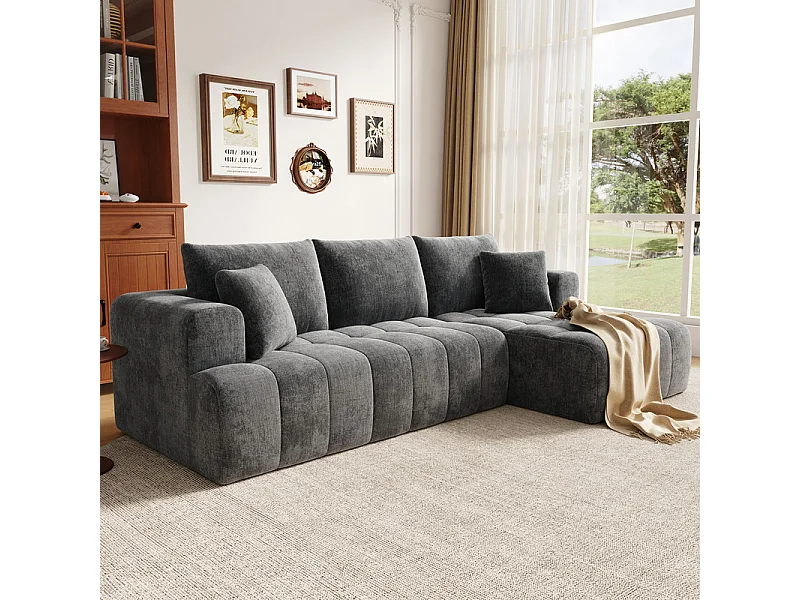 Canapé 3 Places d'angle droite modulable, en chenille gris, avec 3 coussins et 2 oreillers, méridienne, 244.5x136x79cm