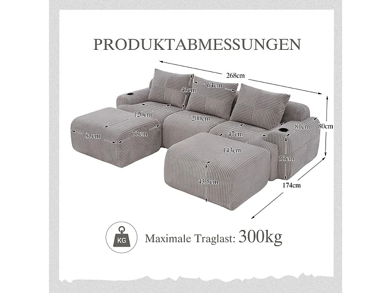 Canapé d'angle modulable en Velours côtelé, avec porte-gobelets, 2 pouf et 3 coussins, 268x174x80cm, Gris clair