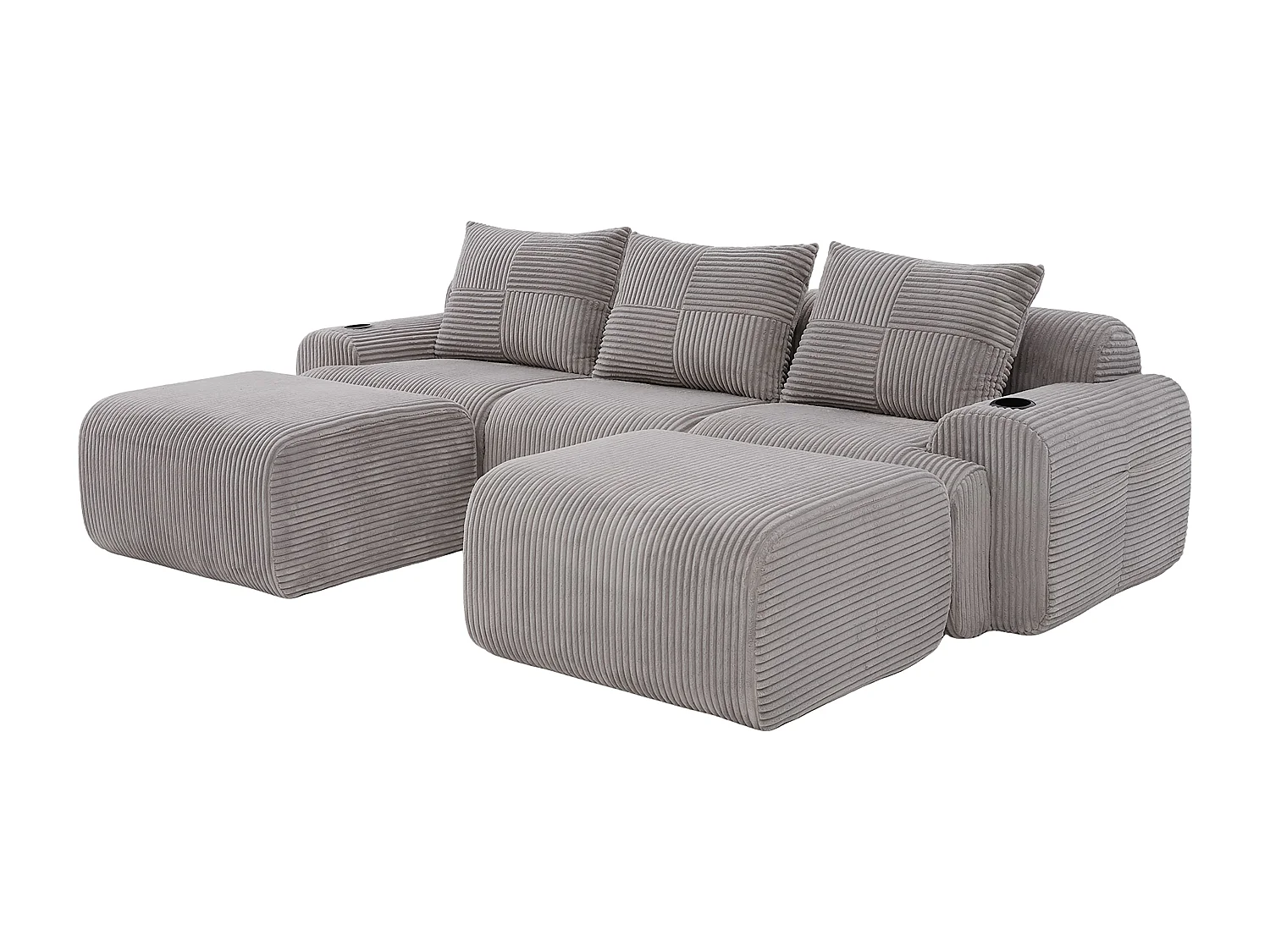 Canapé d'angle modulable en Velours côtelé, avec porte-gobelets, 2 pouf et 3 coussins, 268x174x80cm, Gris clair