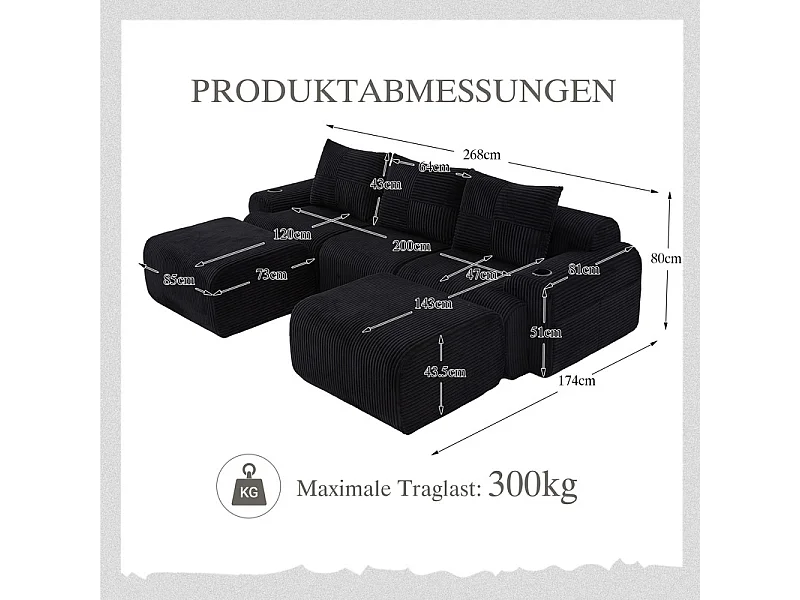 Canapé d'angle modulable en Velours côtelé, avec porte-gobelets, 2 pouf et 3 coussins, 268x174x80cm, Noir