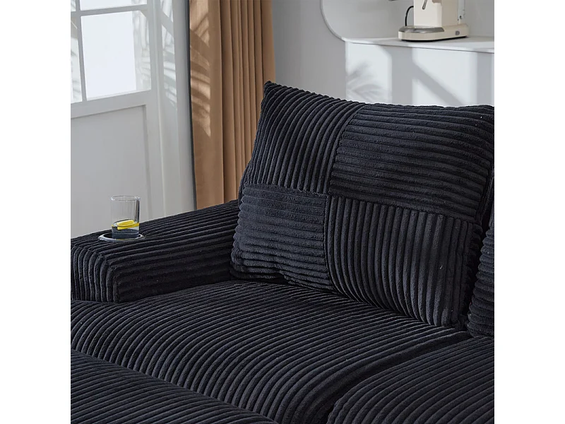 Canapé d'angle modulable en Velours côtelé, avec porte-gobelets, 2 pouf et 3 coussins, 268x174x80cm, Noir