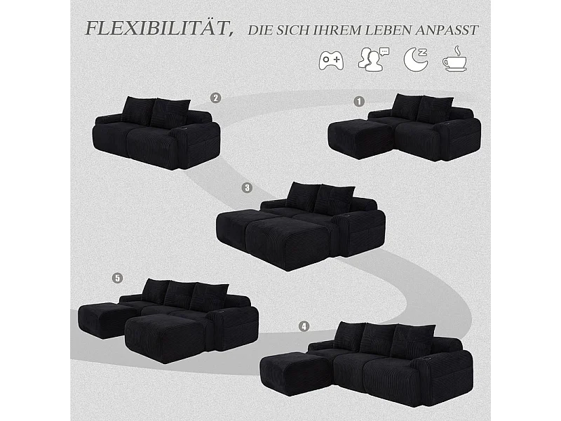 Canapé d'angle modulable en Velours côtelé, avec porte-gobelets, 2 pouf et 3 coussins, 268x174x80cm, Noir