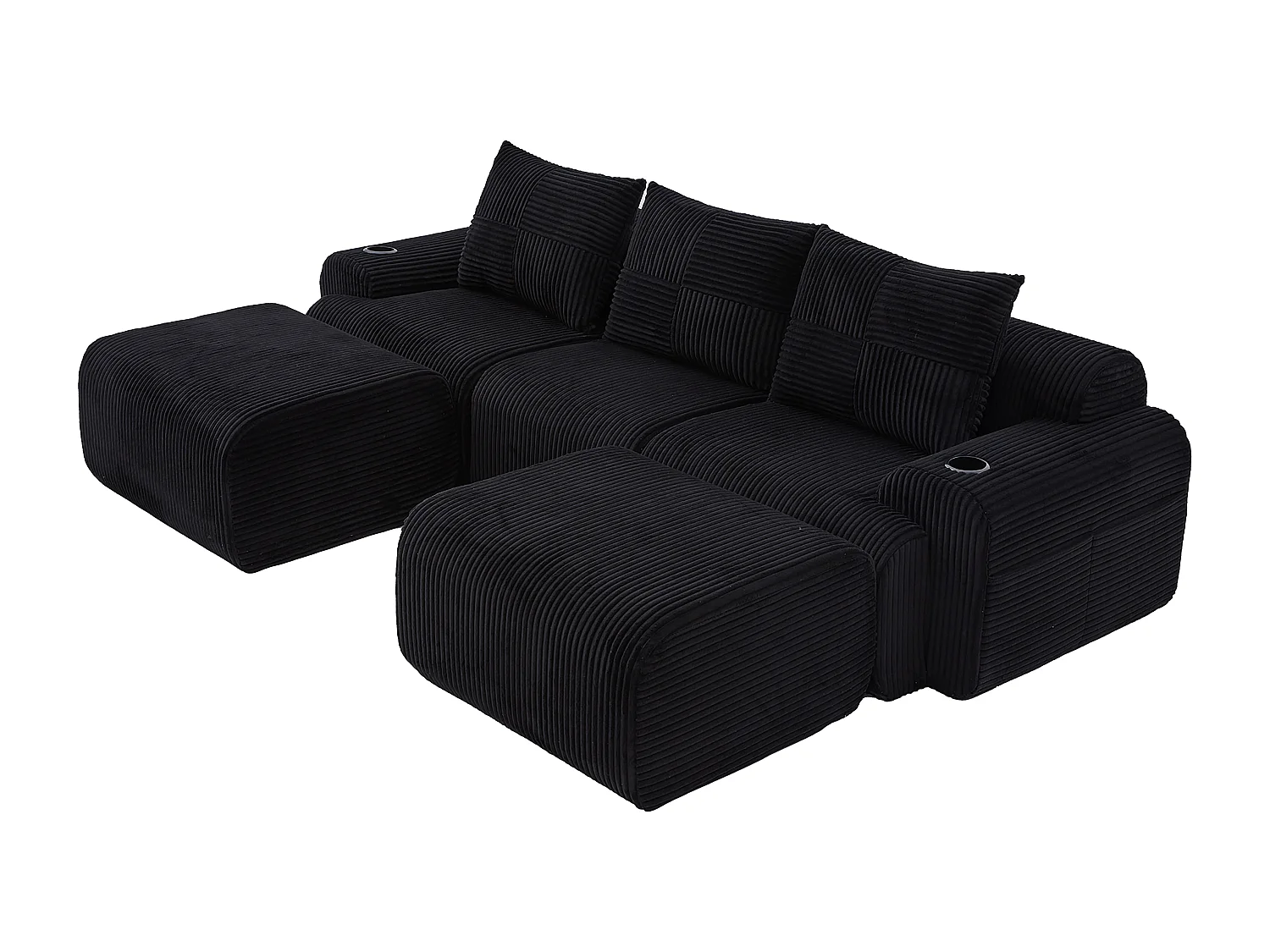 Canapé d'angle modulable en Velours côtelé, avec porte-gobelets, 2 pouf et 3 coussins, 268x174x80cm, Noir
