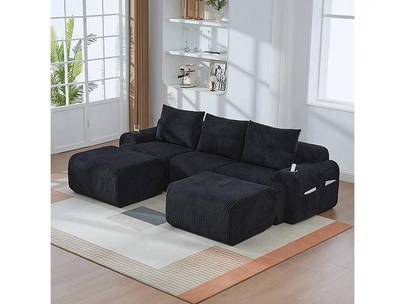 Modulaire hoekbank ribfluweel, bekerhouders, 2 poufs en 3 kussens, 268x174x80cm, Zwart