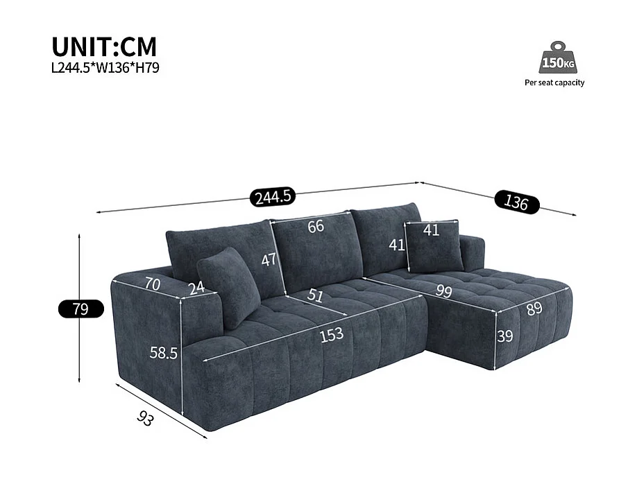 Canapé 3 Places d'angle droite modulable, en chenille bleu, avec 3 coussins et 2 oreillers, méridienne, 244.5x136x79cm