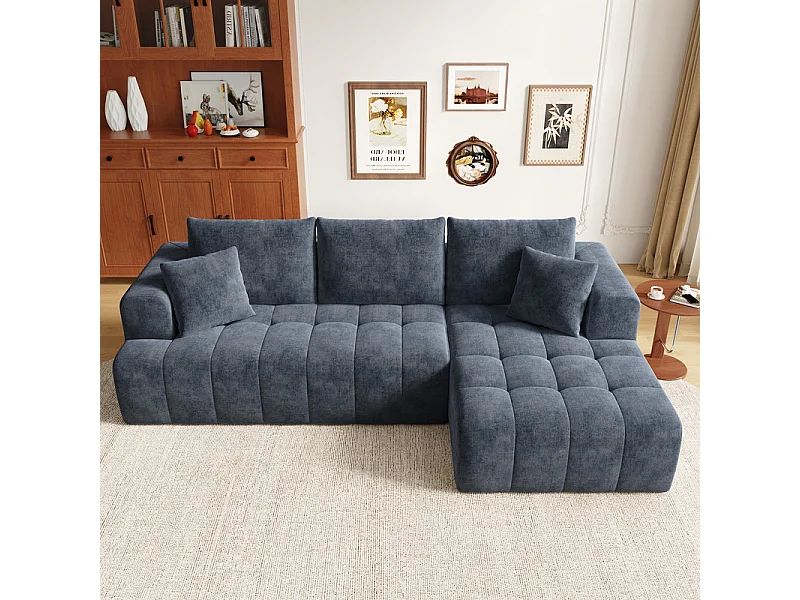 Canapé 3 Places d'angle droite modulable, en chenille bleu, avec 3 coussins et 2 oreillers, méridienne, 244.5x136x79cm