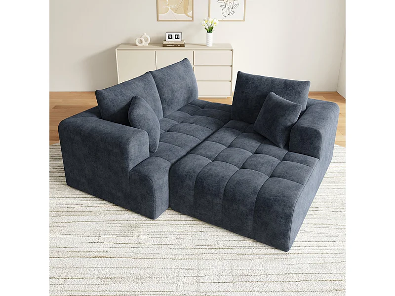 Canapé 3 Places d'angle droite modulable, en chenille bleu, avec 3 coussins et 2 oreillers, méridienne, 244.5x136x79cm