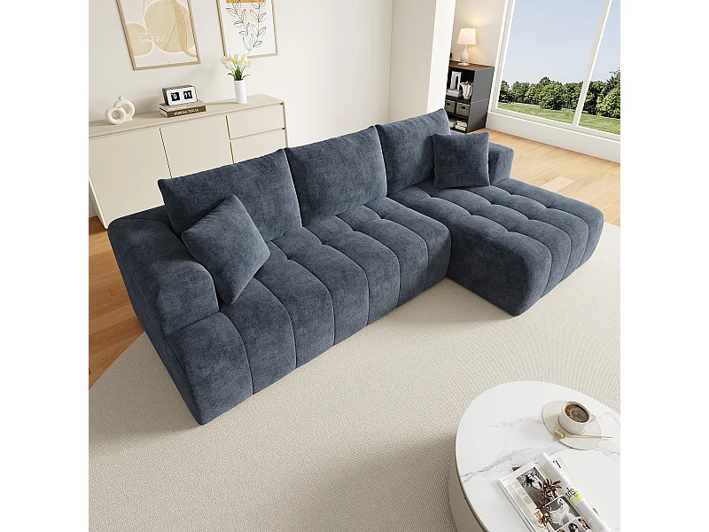 Modulaire 3-zits hoekbank rechts, chenille blauw, 3 kussens, 2 sierkussens, lounge, 244.5x136x79cm
