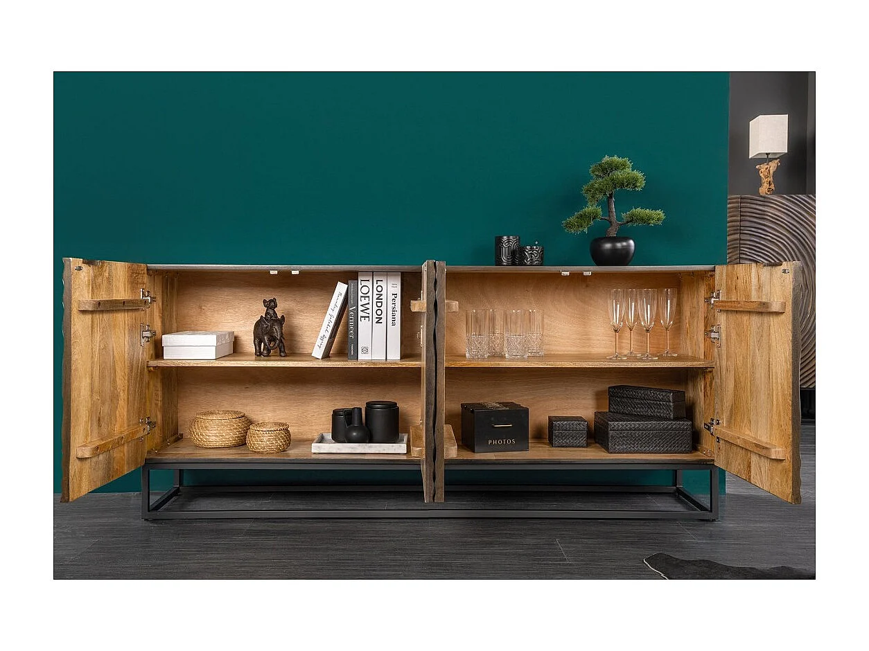 Buffet ZENWOOD 180 cm – Massief hout gesneden concentrische cirkels – 4 deuren