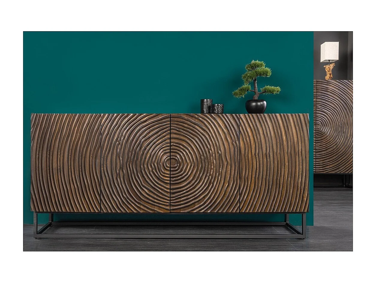 Buffet ZENWOOD 180 cm – Massief hout gesneden concentrische cirkels – 4 deuren
