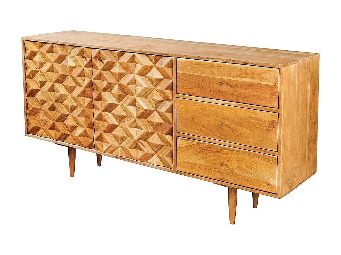 Buffet ARAVIS 145 cm – Massief licht acaciahout gesneden – 2 deuren en 3 laden