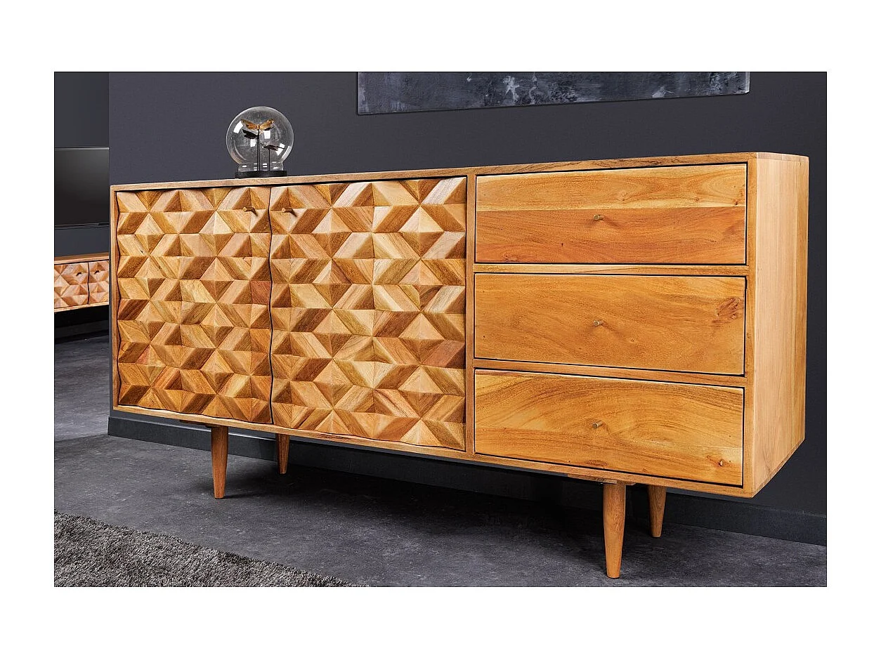 Buffet ARAVIS 145 cm – Massief licht acaciahout gesneden – 2 deuren en 3 laden
