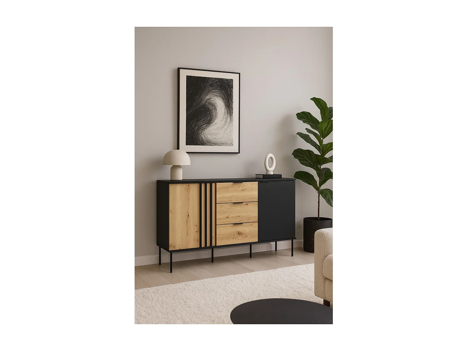 Buffet design IZO – 2 portes & 3 tiroirs – Noir onyx & Chêne clair – 165x92x40 cm