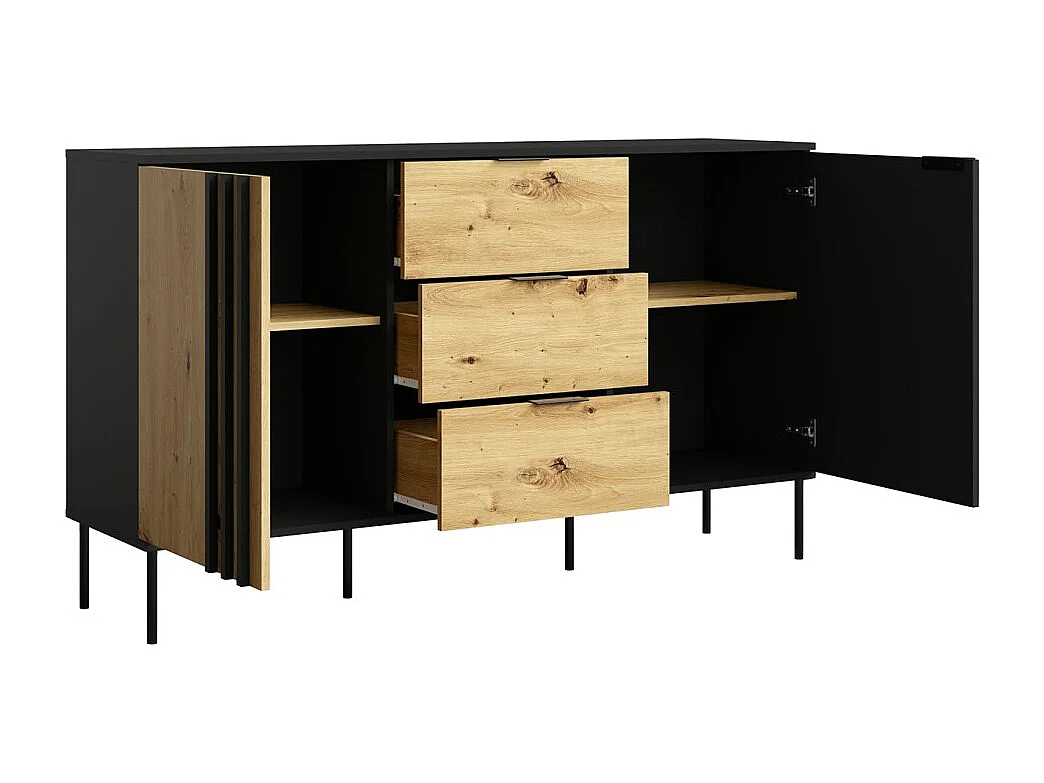 Buffet design IZO – 2 portes & 3 tiroirs – Noir onyx & Chêne clair – 165x92x40 cm