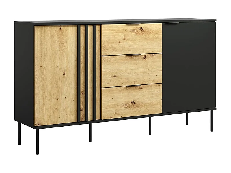 Buffet design IZO – 2 portes & 3 tiroirs – Noir onyx & Chêne clair – 165x92x40 cm