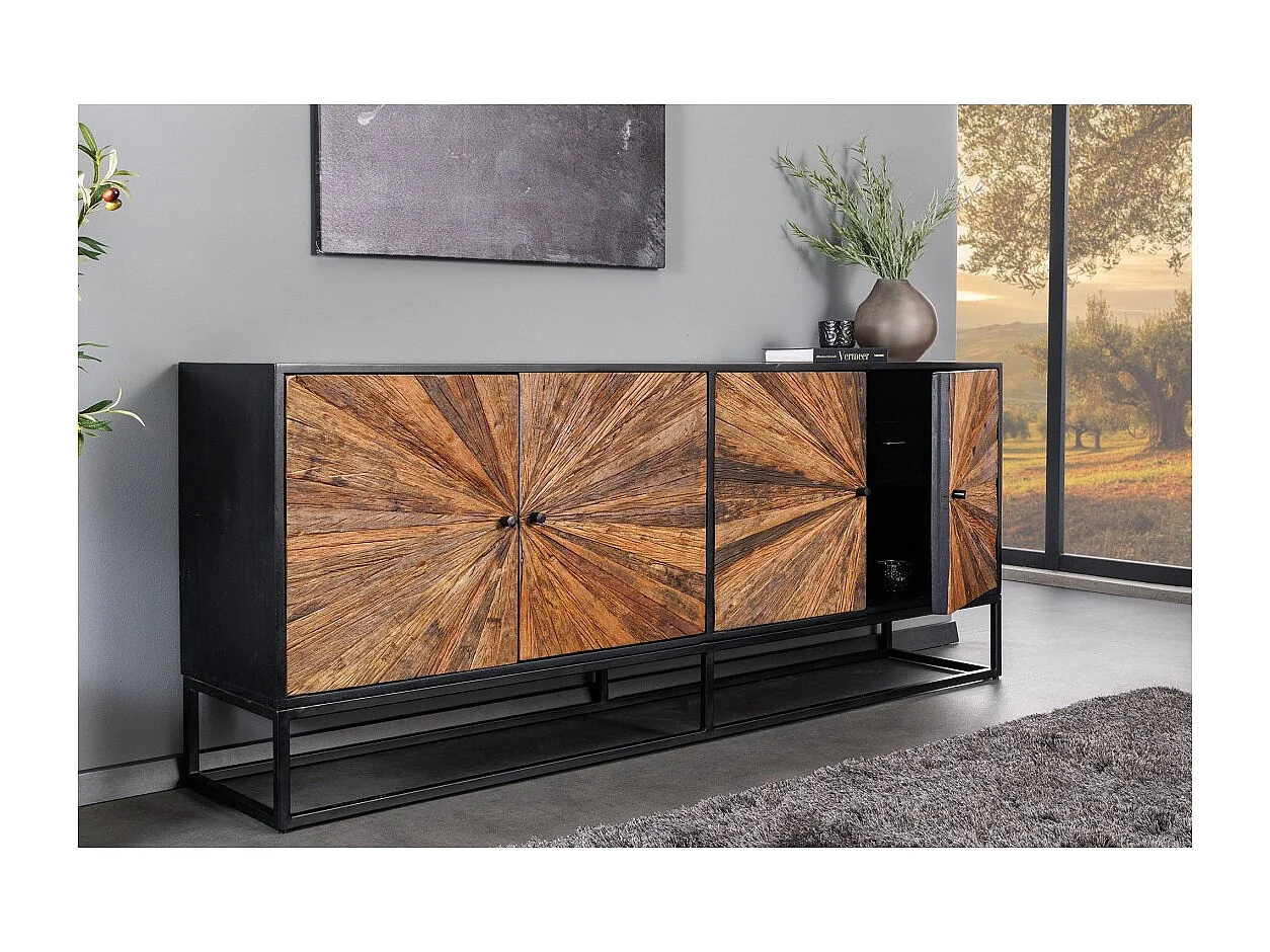 Buffet RAOKA 180 cm in legno massiccio di mango e teak – Motivo solare scolpito