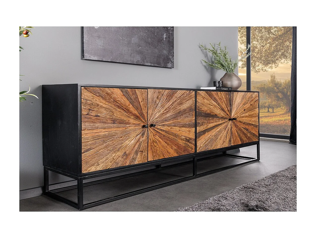 Buffet RAOKA 180 cm in legno massiccio di mango e teak – Motivo solare scolpito