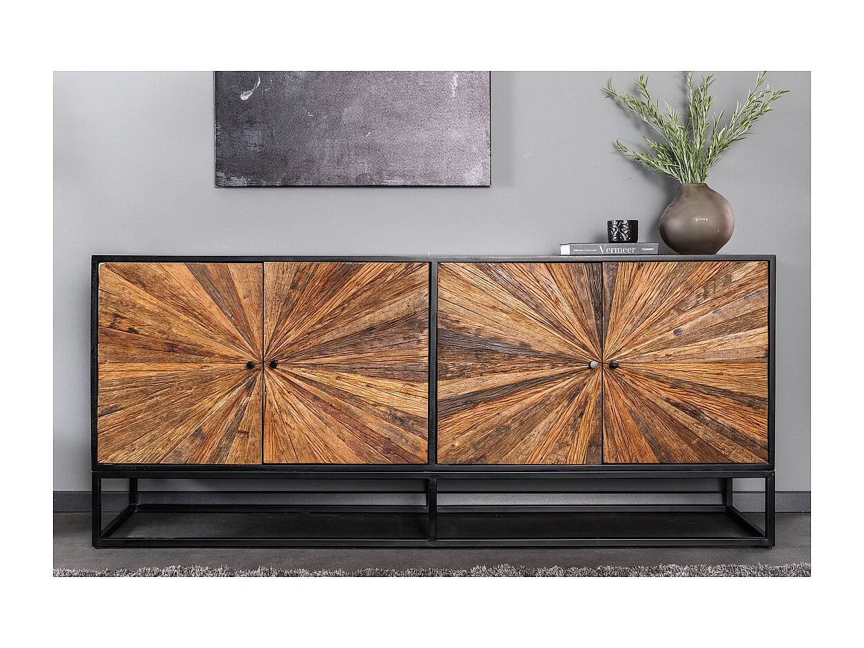 Buffet RAOKA 180 cm in legno massiccio di mango e teak – Motivo solare scolpito