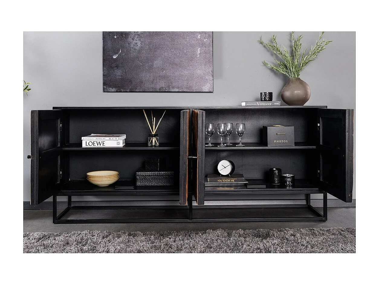 Buffet RAOKA 180 cm in legno massiccio di mango e teak – Motivo solare scolpito