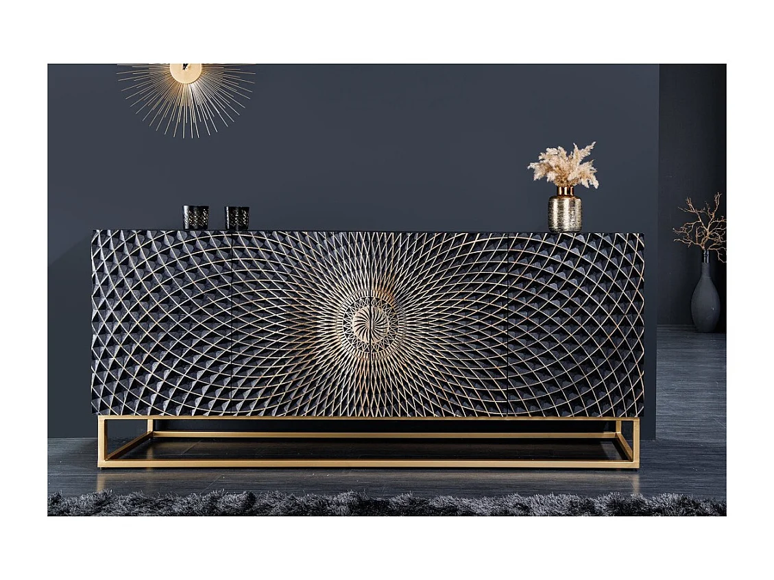 Buffet KOSMOS 180 cm – Bois massif noir sculpté 3D – Pieds métal doré