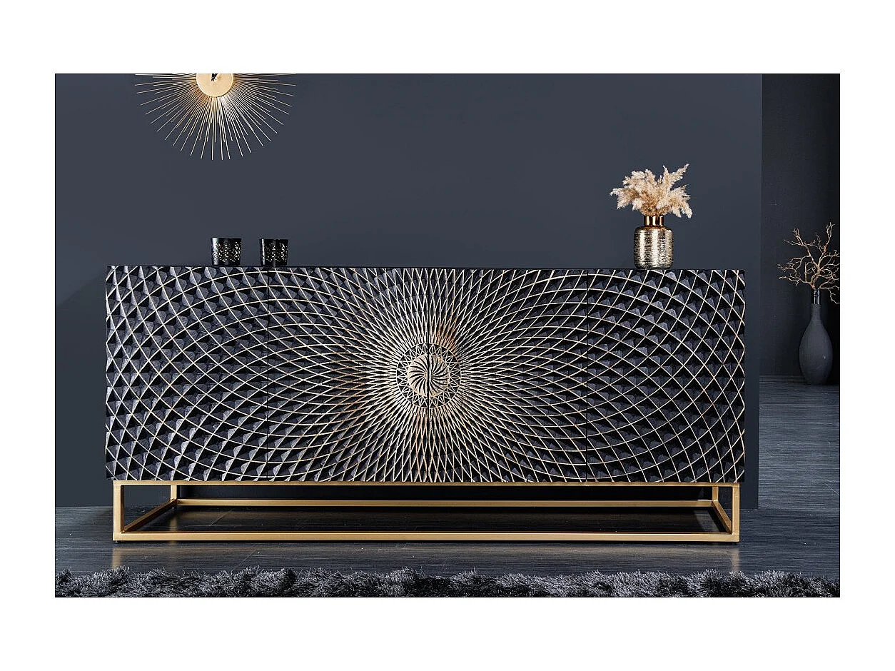 Buffet KOSMOS 180 cm – Bois massif noir sculpté 3D – Pieds métal doré