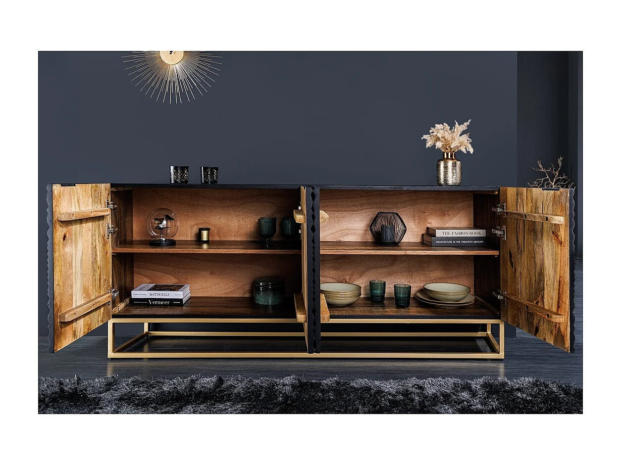Buffet KOSMOS 180 cm – Bois massif noir sculpté 3D – Pieds métal doré