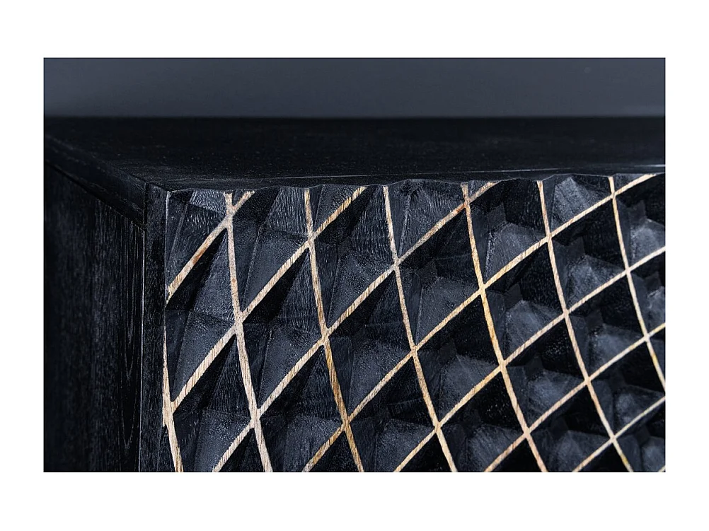 Buffet KOSMOS 180 cm – Bois massif noir sculpté 3D – Pieds métal doré