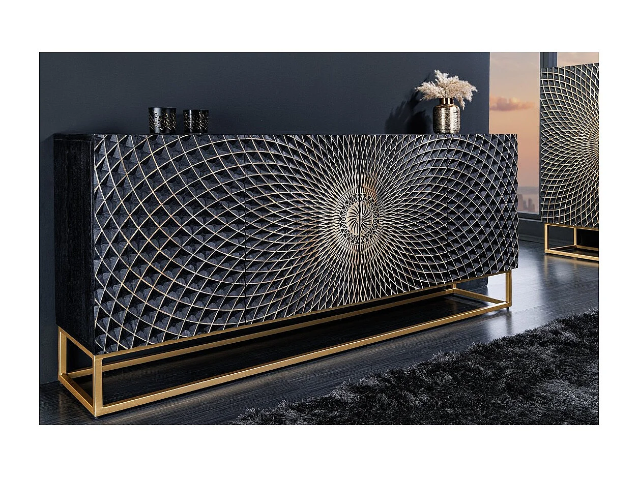 Buffet KOSMOS 180 cm – Bois massif noir sculpté 3D – Pieds métal doré