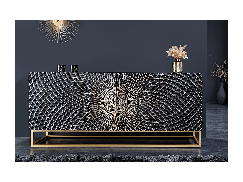 Buffet KOSMOS 180 cm – Bois massif noir sculpté 3D – Pieds métal doré