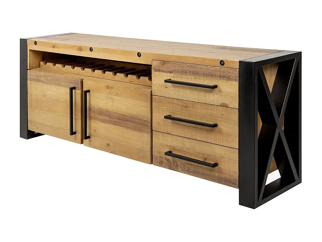 Buffet CAVARA 195 cm – Massief vintage bruin grenen en zwart metaal – 2 deuren, 3 laden en wijnrek