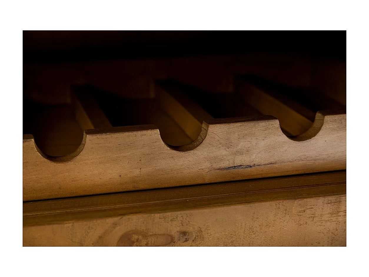 Buffet CAVARA 195 cm – Massief vintage bruin grenen en zwart metaal – 2 deuren, 3 laden en wijnrek