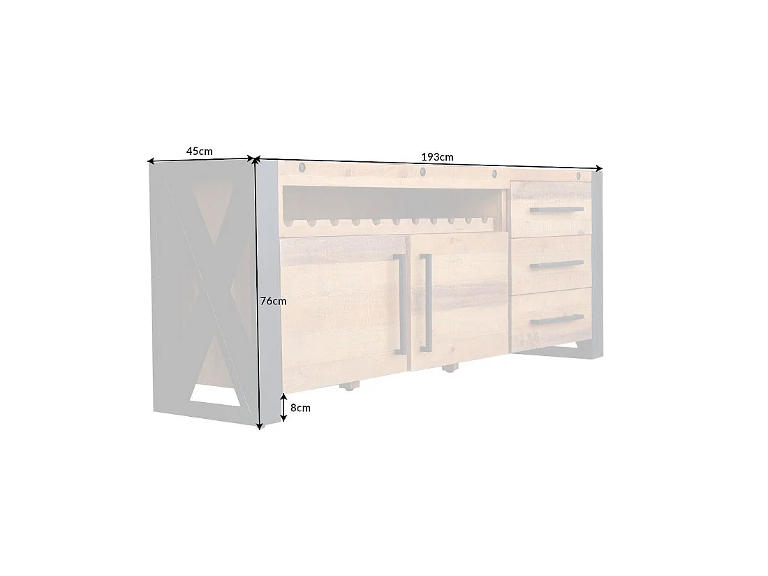 Buffet CAVARA 195 cm – Pino macizo vintage marrón y metal negro – 2 puertas, 3 cajones y botellero