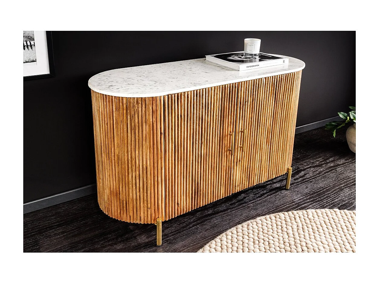 Buffet 105 cm 2 deuren massief hout, wit en gouden marmer - Collectie YONA