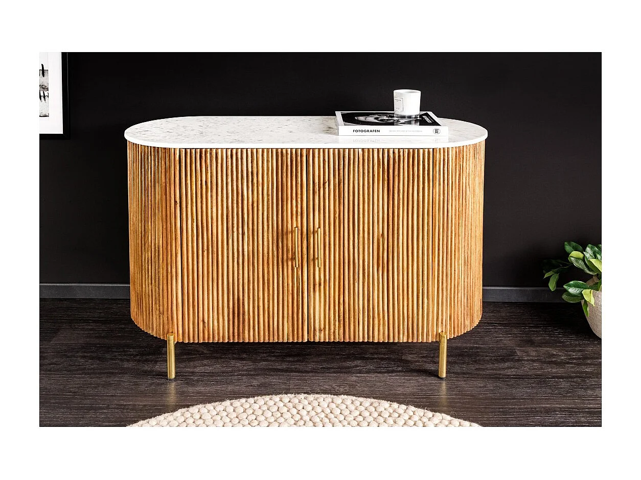 Buffet 105 cm 2 deuren massief hout, wit en gouden marmer - Collectie YONA