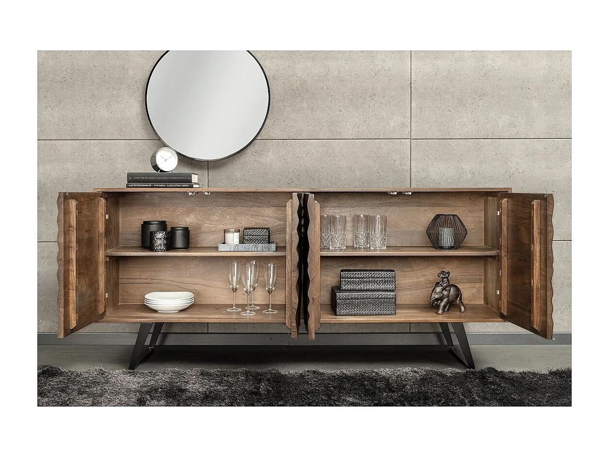 Buffet SYRMA 175 cm – Massief acaciahout met gesneden – Dynamisch 3D-ontwerp