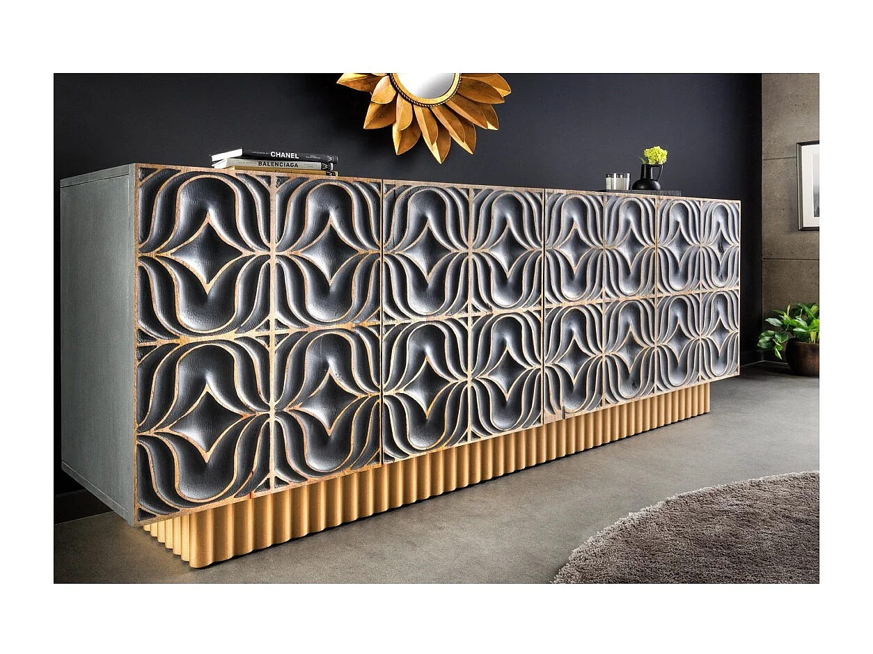 Buffet PALAZZO 180 cm – Massief hout grijs en goud – Gesneden in retro-Venetiaanse stijl