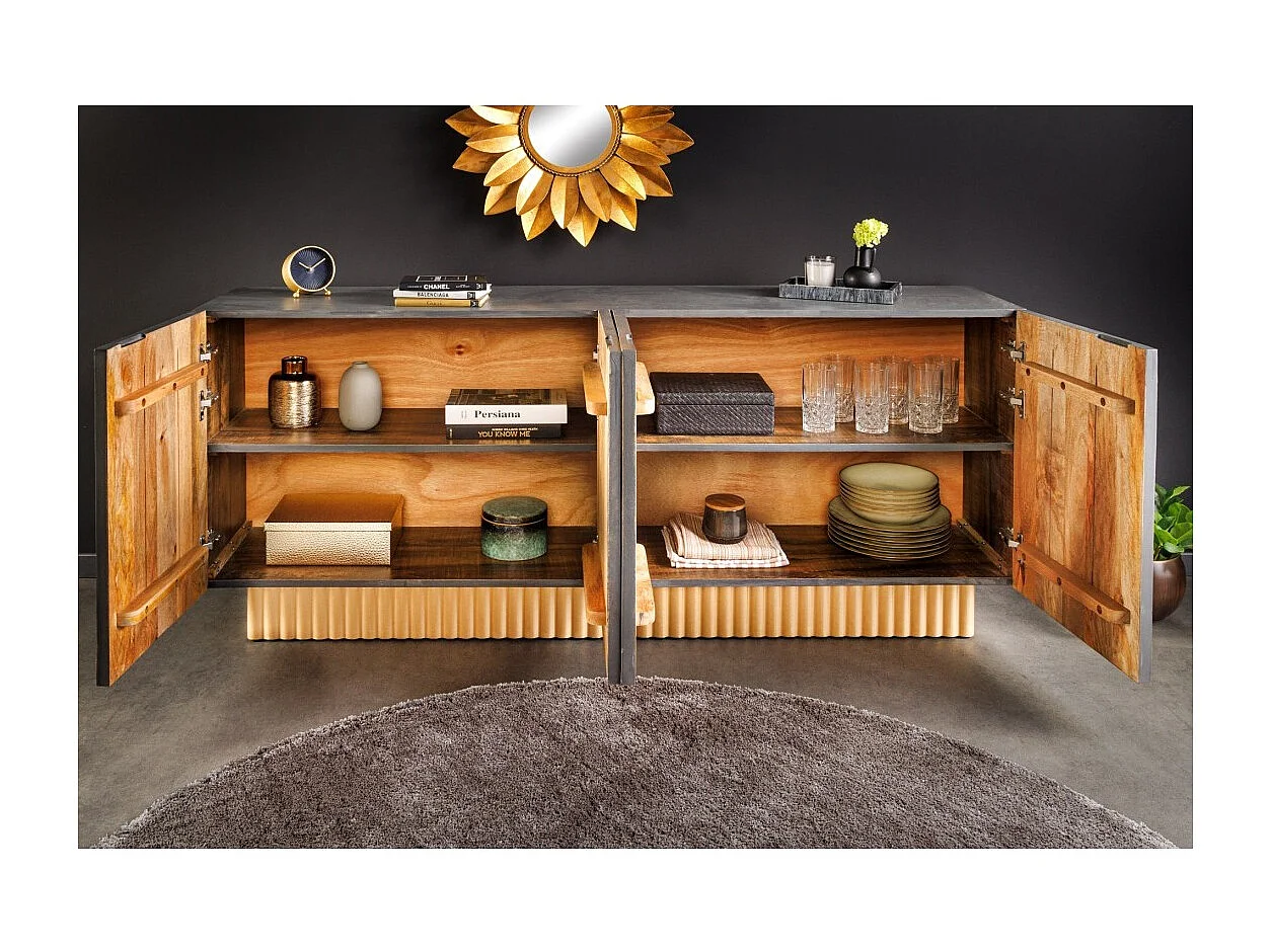Buffet PALAZZO 180 cm – Massief hout grijs en goud – Gesneden in retro-Venetiaanse stijl
