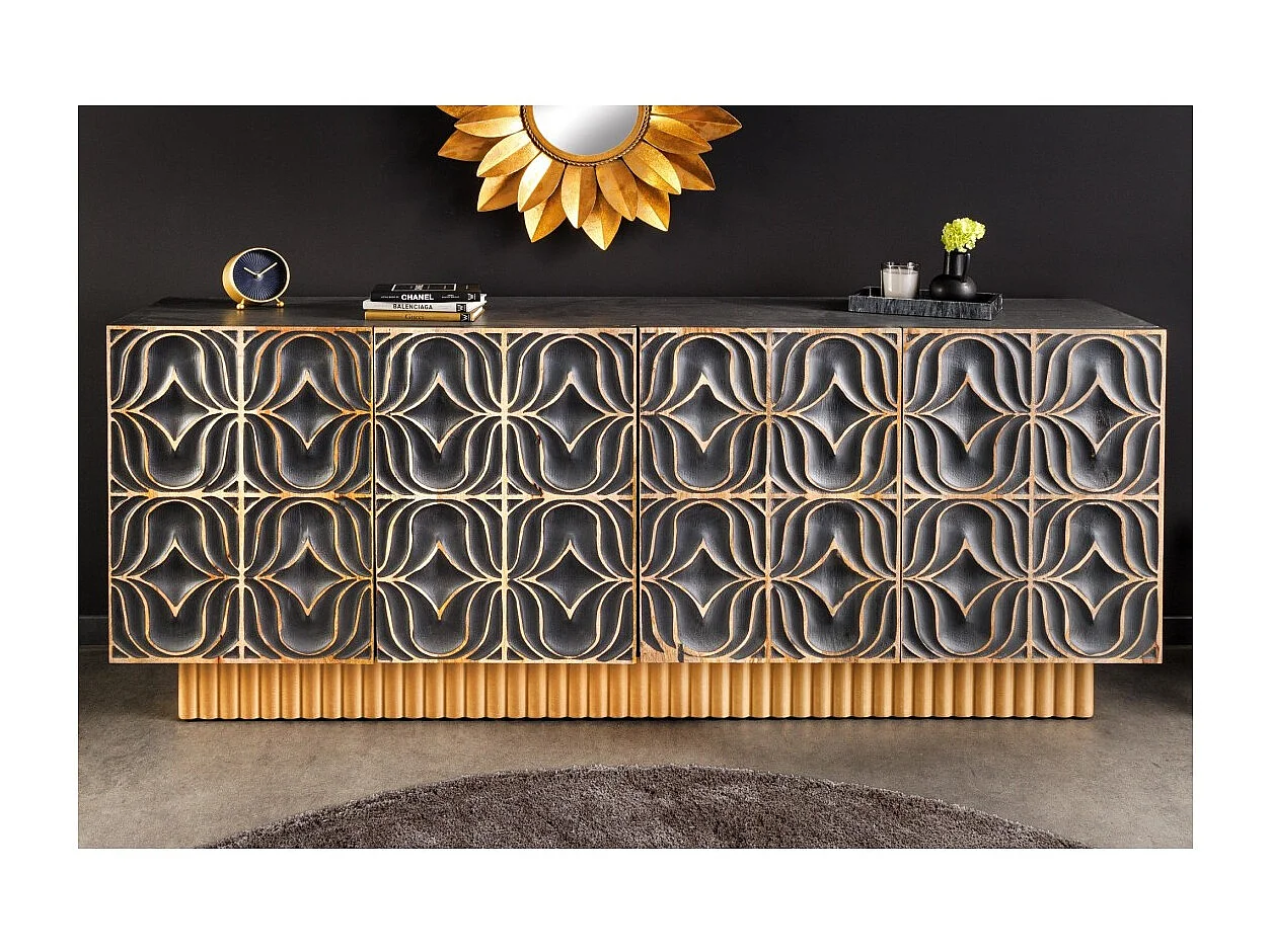 Buffet PALAZZO 180 cm – Massief hout grijs en goud – Gesneden in retro-Venetiaanse stijl