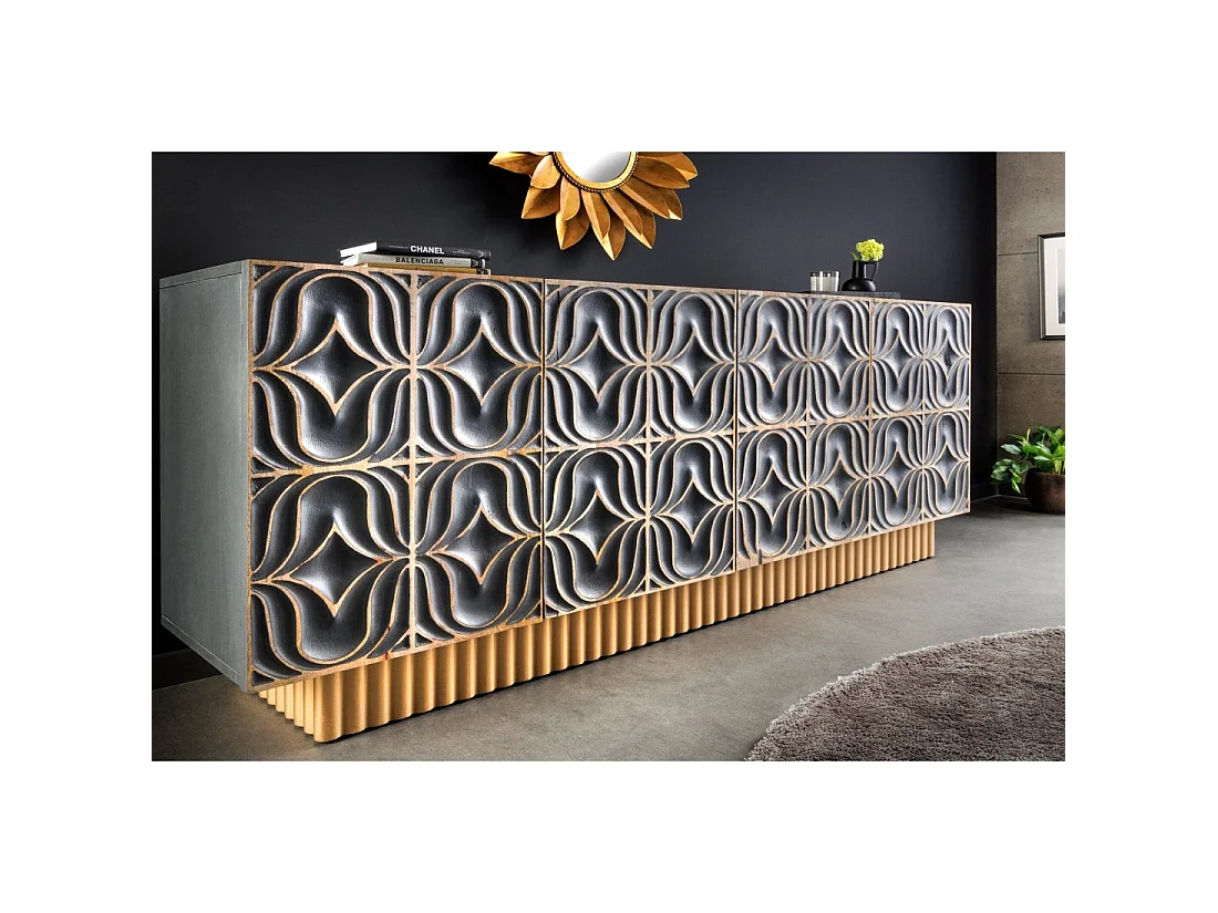 Buffet PALAZZO 180 cm – Massief hout grijs en goud – Gesneden in retro-Venetiaanse stijl