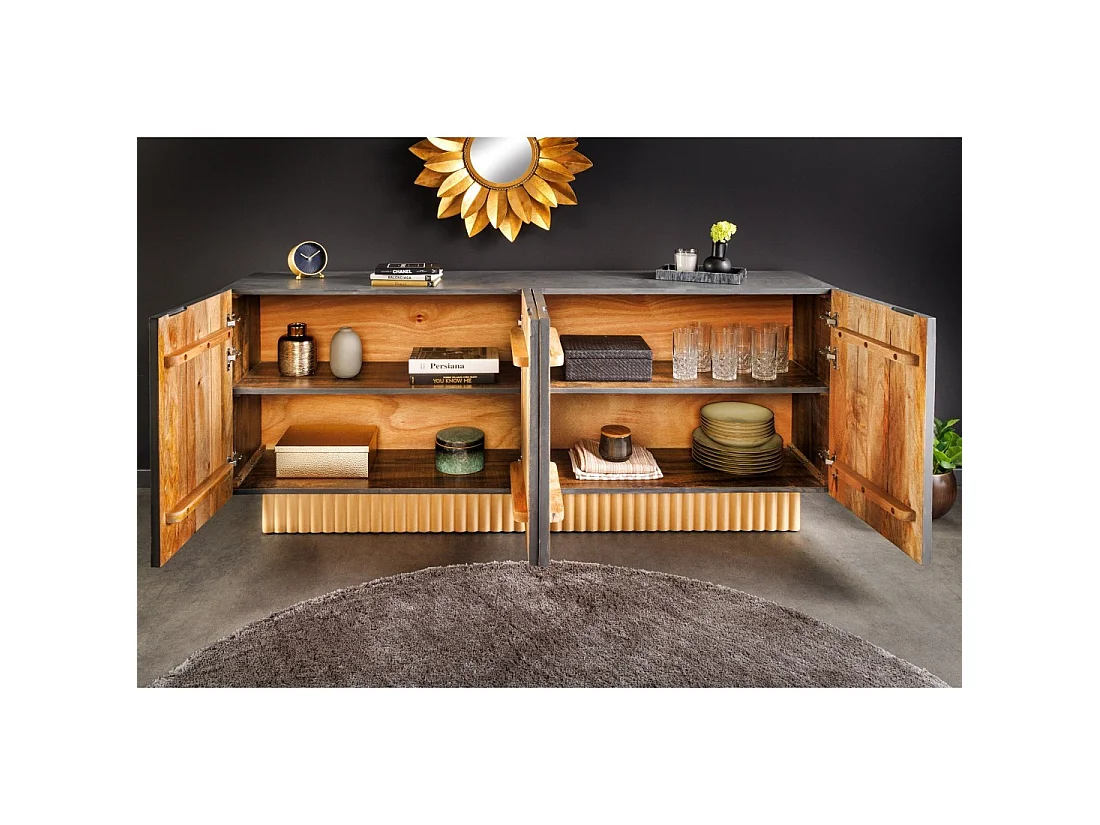 Buffet PALAZZO 180 cm – Massief hout grijs en goud – Gesneden in retro-Venetiaanse stijl