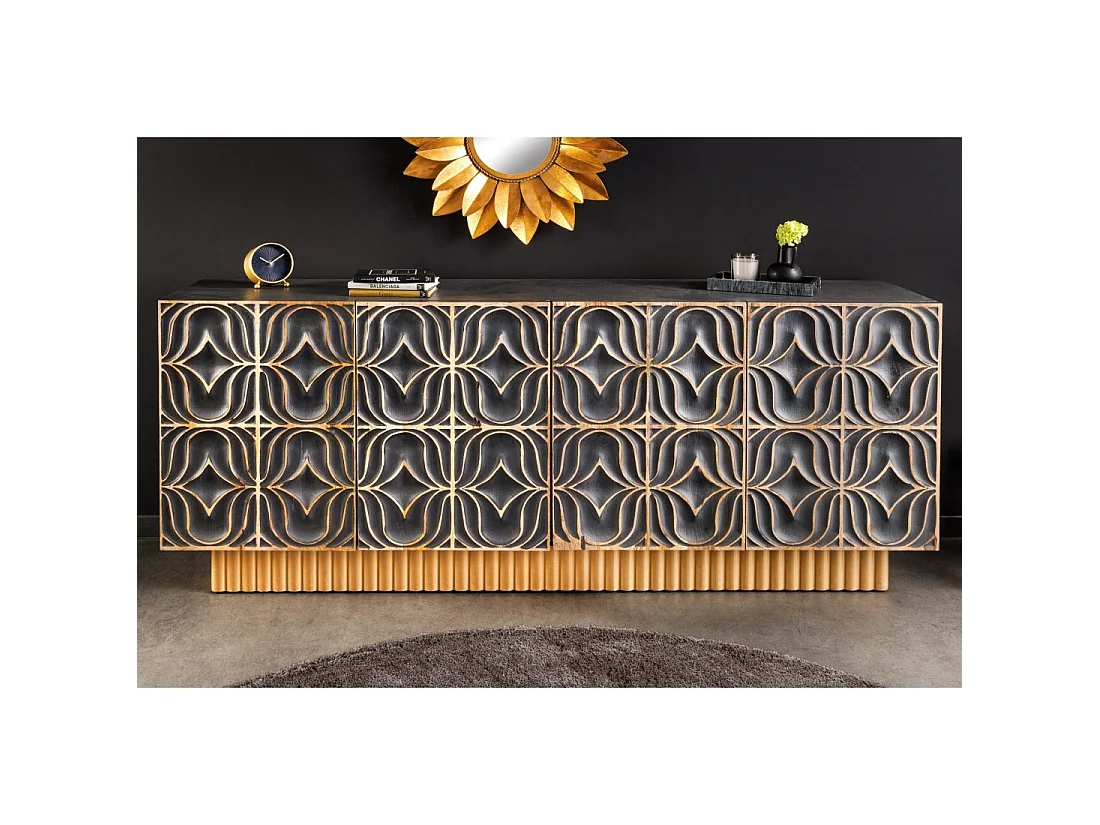 Buffet PALAZZO 180 cm – Massief hout grijs en goud – Gesneden in retro-Venetiaanse stijl