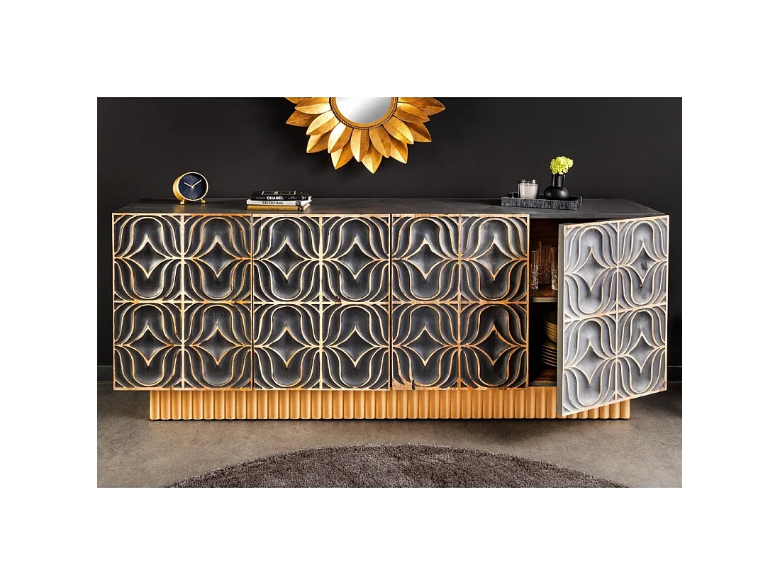 Buffet PALAZZO 180 cm – Massief hout grijs en goud – Gesneden in retro-Venetiaanse stijl