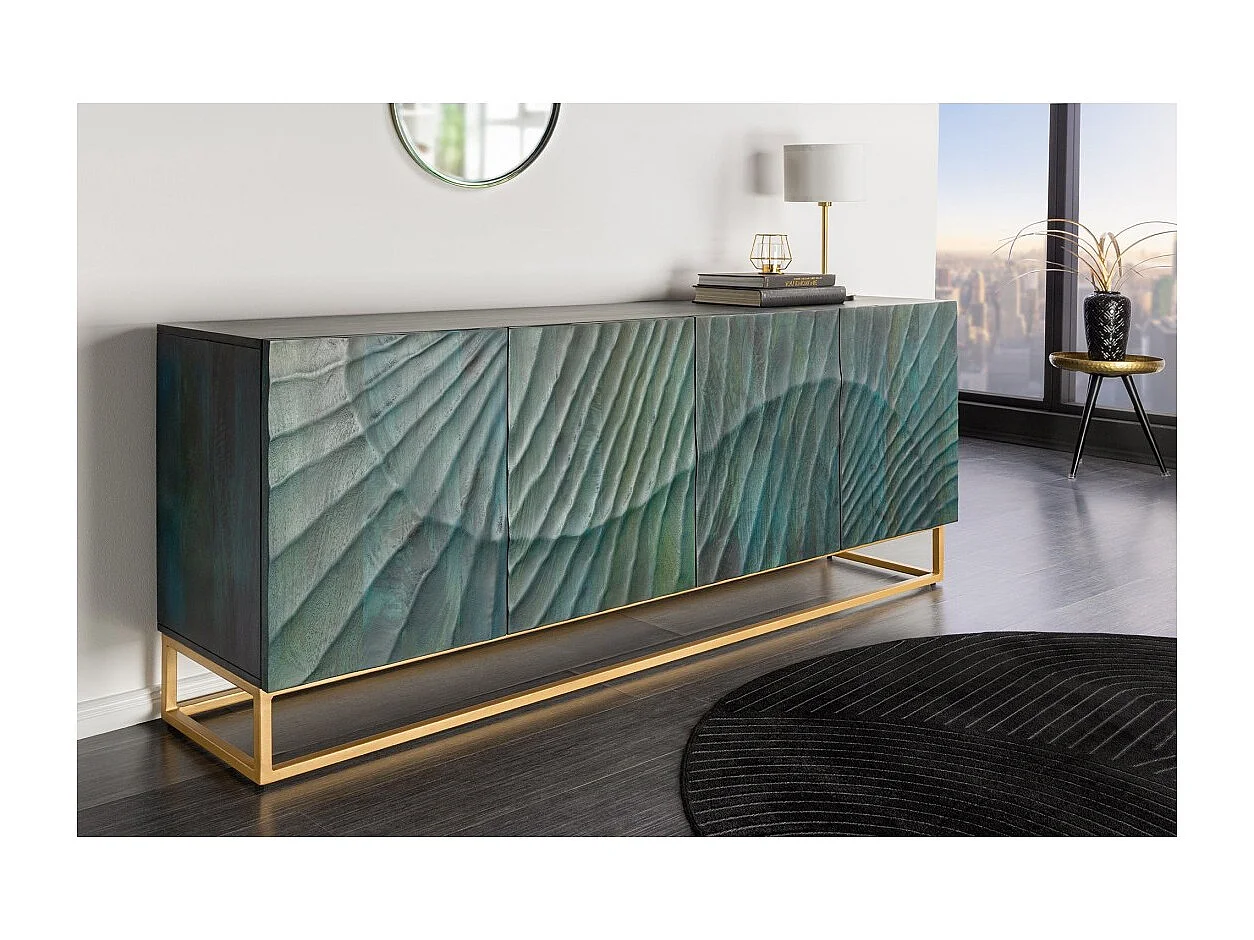 Buffet LUMBER 180 cm – Bois sculpté turquoise et doré, style design contemporain